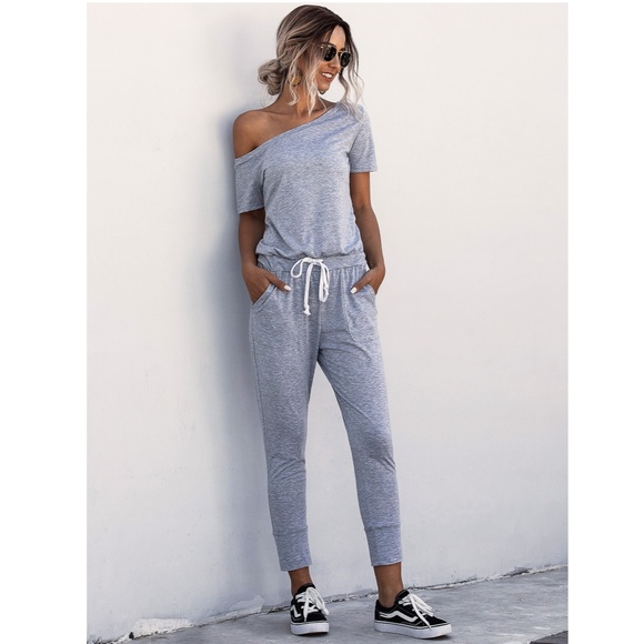 Rouge! Pants - Contrast Tie Short Sleeve Grey Jumpsuit